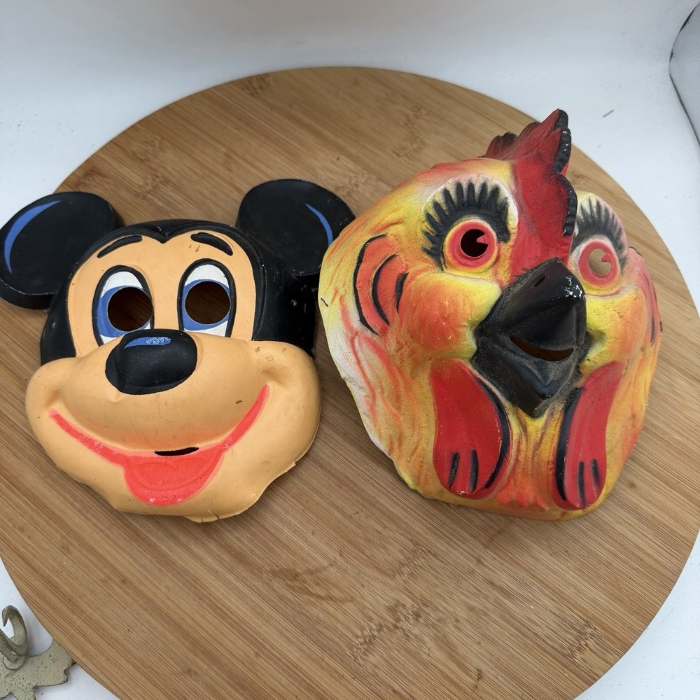 Vtg Pair Of Ben Cooper Plastic Kids Halloween Mask Disney Mickey Mouse & Chicken